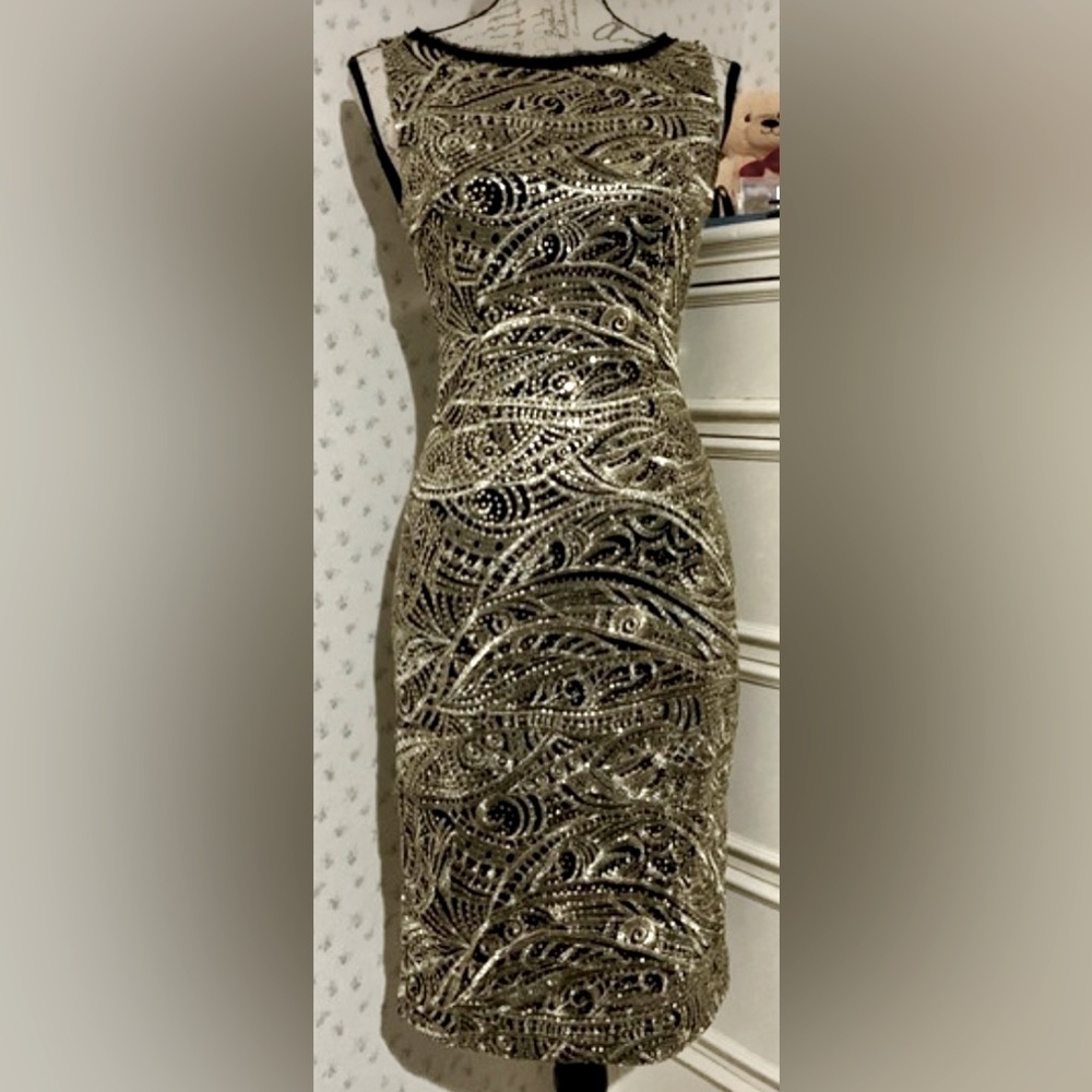 Alex Marie Gatsby Sequin Embroidered Sheath Dress Black & Gold Metallic
